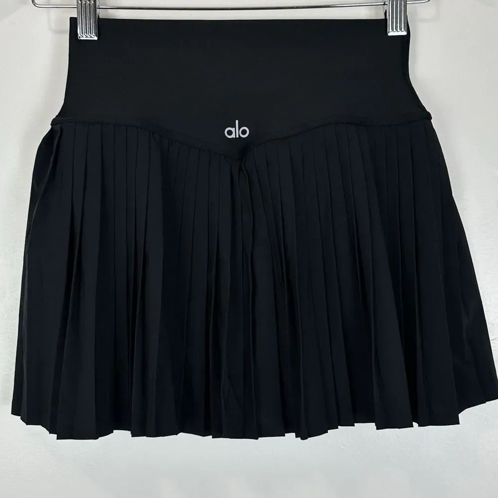 Alo Yoga Grand Slam Tennis Pleated Skirt Black XS Preppy Athleisure Sporty Chic